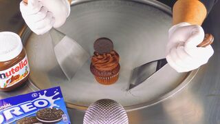 ASMR - Nutella & OREO Cupcake Ice Cream Rolls | how to make Chocolate Cake and Cookies to Ice Cream