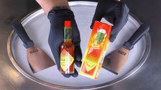 ASMR - EXTRA HOT Tabasco Ice Cream Rolls with extreme spicy habanero sauce | tapping scratch tingles