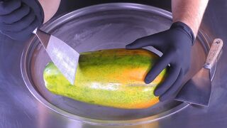 ASMR - Papaya Ice Cream Rolls | making satisfying Ice Cream with Papaya - tapping scratching eating