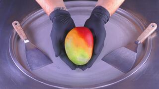 ASMR - colorful Mango Ice Cream Rolls | oddly satisfying fried Ice Cream - tapping scratching eating