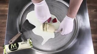 Ice Cream Rolls | how to make fried Ice Cream with Magnum white Chocolate & fresh Strawberry | ASMR