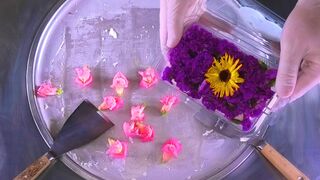Colorful Flower Ice Cream Rolls | spring colors fried Ice Cream with edible Flowers | Food ASMR