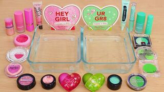 Mixing Makeup Eyeshadow Into Slime! Pink vs Green Special Series Satisfying Slime Video