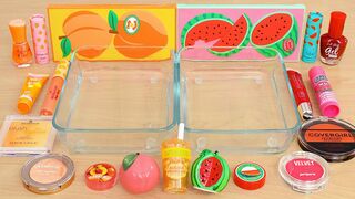 SMOOTHIE Peach vs Watermelon SLIME - Mixing Makeup, Eyeshadow, Lipstick Into Slime ASMR