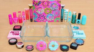 Pink vs Teal - Glitter, Lip Gloss and Eyeshadow Makeup Mixed Into Satisfying Slime ASMR