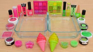 Neon Pink vs Neon Green - Mixing Makeup Eyeshadow Into Slime ASMR 371 Satisfying Slime Video