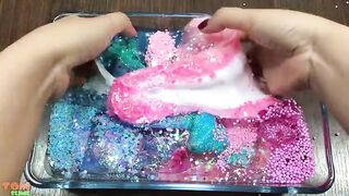 Unicorn Slime Pink Vs Blue | Mixing Glitter and Beads into Glossy Slime | Satisfying Slime #571