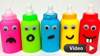 Match Rainbow Colors Squishy Balls with Kinetic Sand Milk Bottles Smiley Face Video for Kids