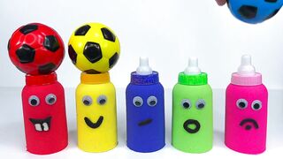 Match Rainbow Colors Squishy Balls with Kinetic Sand Milk Bottles Smiley Face Video for Kids