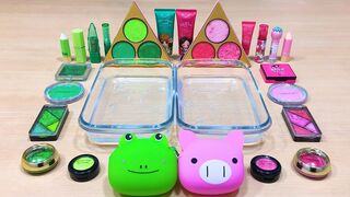 PINK vs GREEN! Pig and Frog - Mixing Makeup Eyeshadow into Clear Slime | Satisfying Slime Video #600