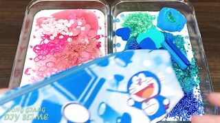 PINK vs BLUE ! MERMAID and DORAEMON ! Special Series #99 Mixing Random Things into GLOSSY Slime